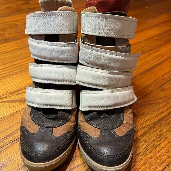 A.S. 98 Brown Leather Wedge High Heel High Top Sneakers with Velcro Straps - Picture 7 of 7